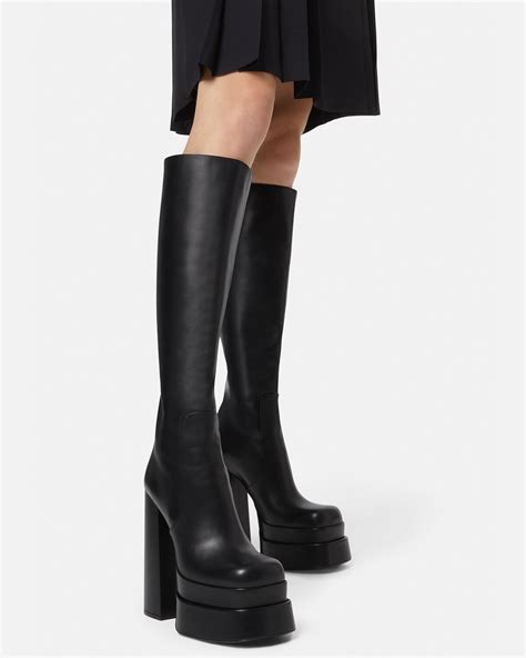 leather platform knee-high boots versace height|Knee.